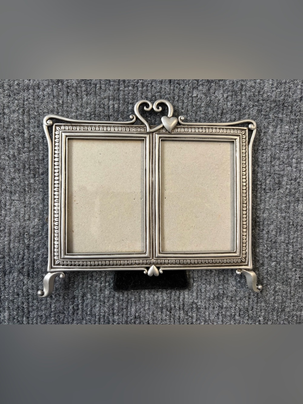 Vintage Pewter Double Photo Frame Hearts Scrollwork 2 Picture Tabletop Wedding